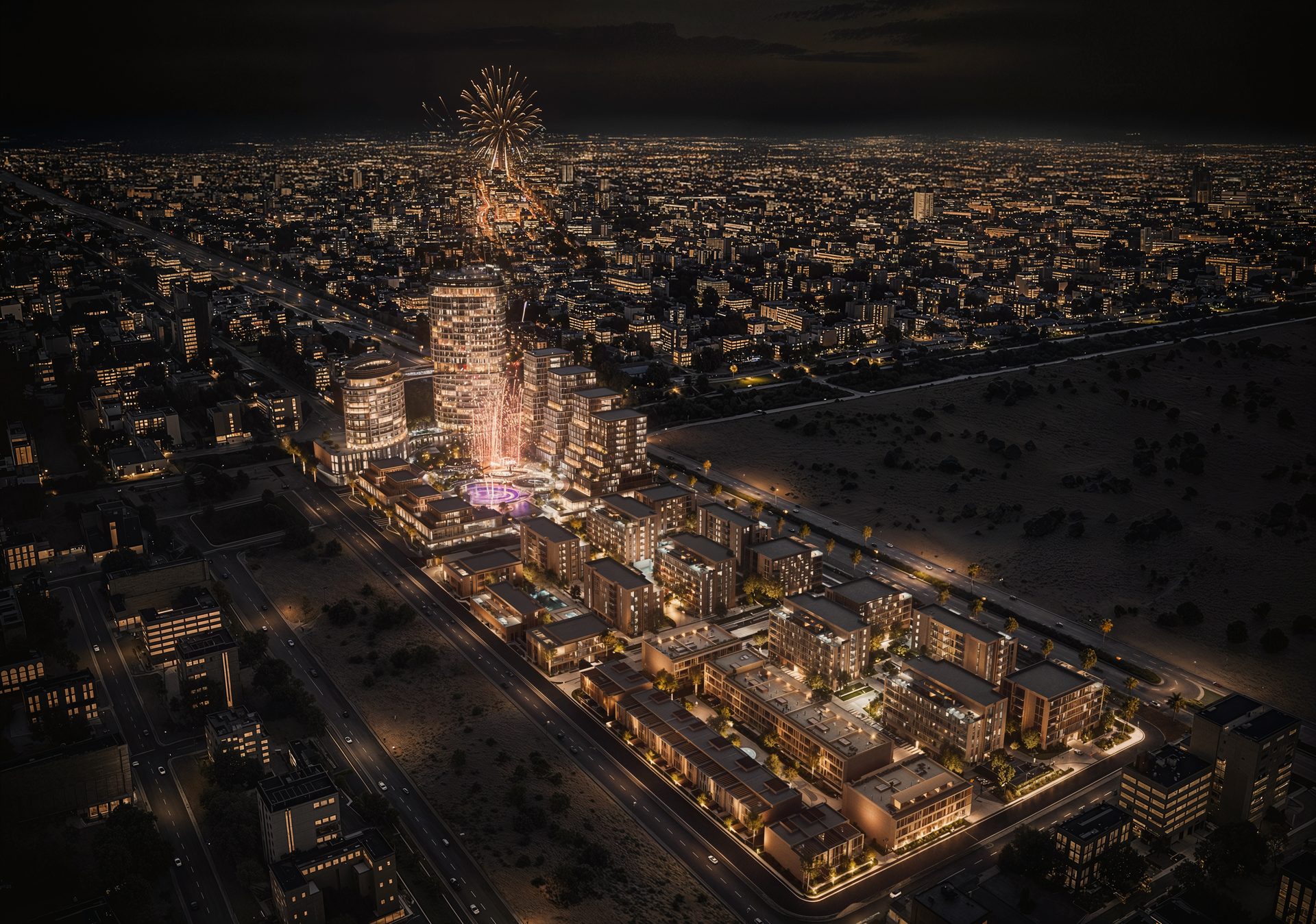 OSUS Prime at night — illuminated mixed-use destination