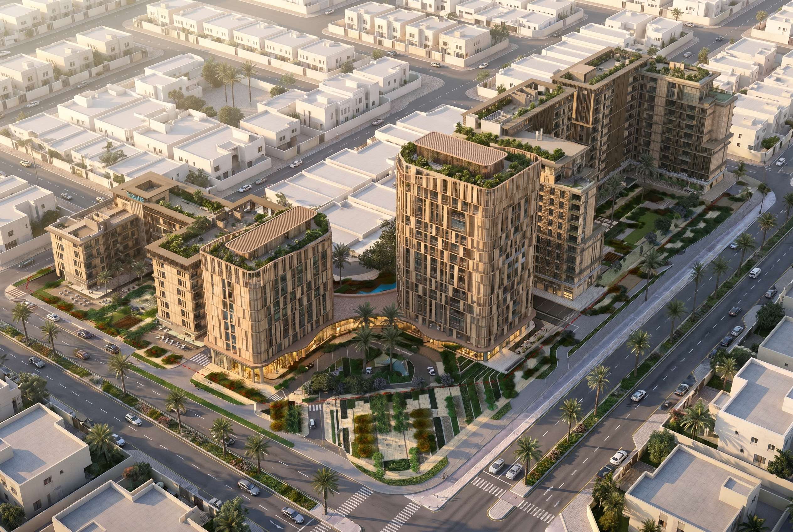 OSUS Prime at night — illuminated mixed-use destination